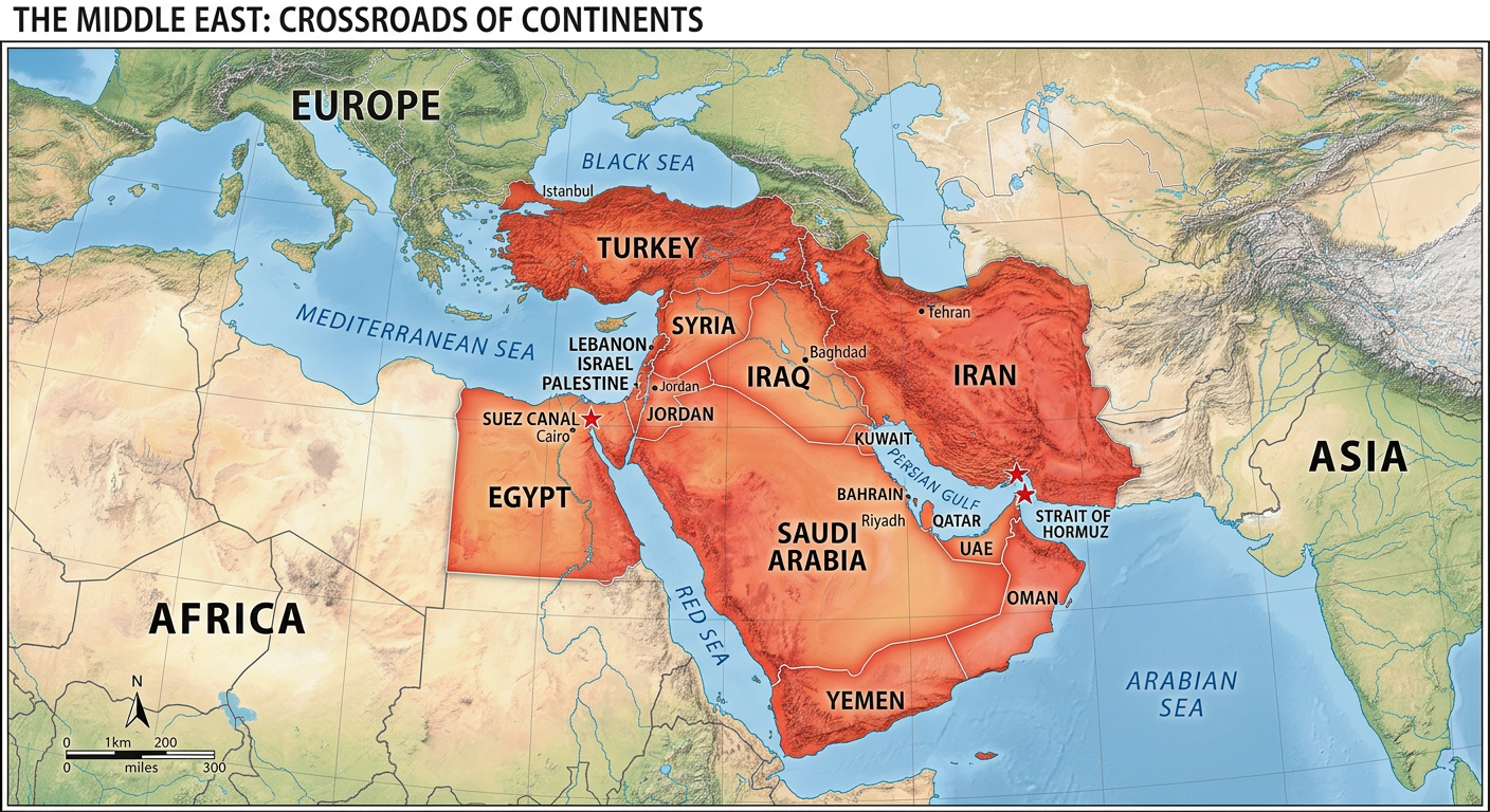 中东地理位置示意图